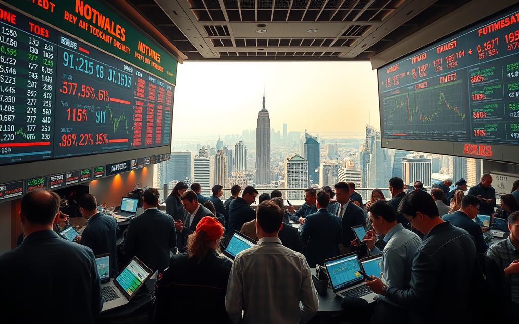 A bustling stock market scene, captured with a wide-angle lens, under warm, diffused lighting. In the foreground, a dynamic display board showcases real-time market indices, stock prices, and currency exchange rates. In the middle ground, a group of investors huddle around laptops and mobile devices, analyzing charts and graphs. In the background, a panoramic view of the city skyline, symbolizing the broader economic landscape. The overall atmosphere conveys a sense of cautious optimism, as investors navigate the current market trends and seek opportunities for growth.