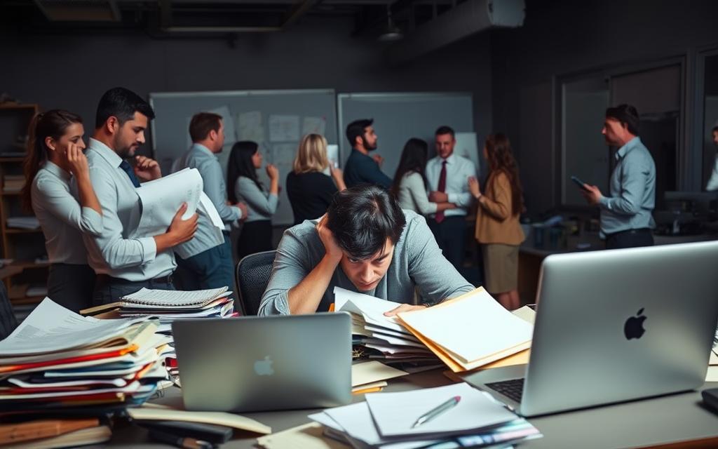 A chaotic office scene with a beleaguered manager struggling to juggle various tasks and issues. In the foreground, the manager is hunched over a desk, surrounded by a mess of papers, files, and a laptop. Their expression is one of frustration and stress. In the middle ground, employees are shown arguing or looking confused, highlighting communication and teamwork problems. The background is dimly lit, with shadows casting an ominous, oppressive atmosphere. The overall scene conveys a sense of disorganization, inadequate leadership, and the challenges of effectively managing a business in a way that would appeal to potential investors.
