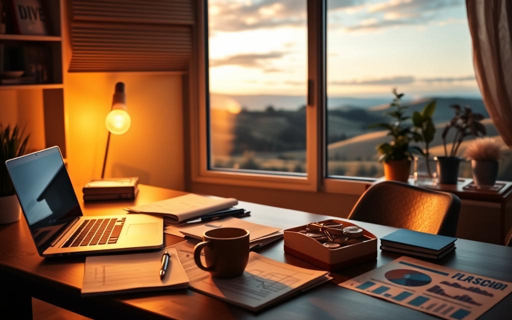 A cozy home office setting with a desk, laptop, and various investment-related items such as charts, financial documents, and a cup of coffee. The lighting is warm and inviting, creating a sense of focus and productivity. The background features a serene landscape with rolling hills and a clear sky, symbolizing the potential for growth and prosperity. The overall atmosphere conveys a sense of calm and confidence, encouraging the viewer to take the first steps towards building a secure financial future.