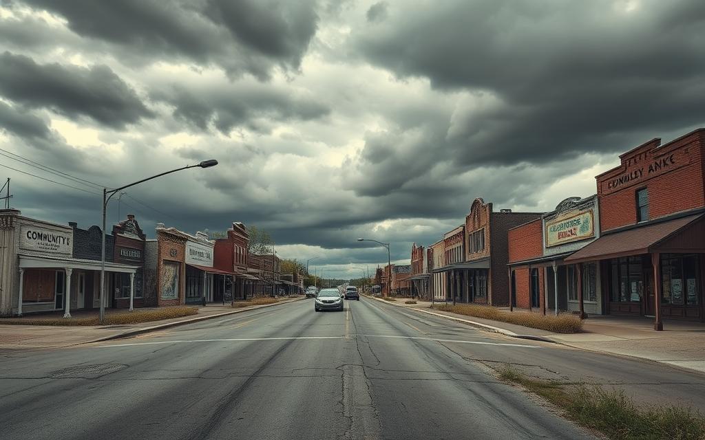 A deserted main street in a small town, once bustling with activity, now lined with boarded-up storefronts and overgrown weeds. A lone, dilapidated community bank building stands as a somber reminder of the economic decline, its once-proud facade crumbling under the weight of neglect. Ominous clouds loom overhead, casting long shadows across the desolate landscape. The eerie silence is punctuated only by the distant sound of a solitary car passing by, a poignant symbol of the community's dwindling vitality. The scene conveys a sense of abandonment and the slow withering of a once-thriving local economy, a stark visual metaphor for the challenges faced by small businesses in the wake of the decline of community banking.