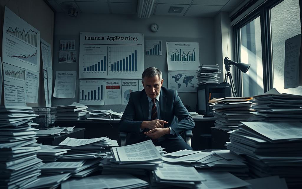 A dimly lit office space, the walls adorned with charts and graphs depicting financial obstacles. In the foreground, a businessman sits at a cluttered desk, his expression one of frustration as he navigates the complexities of funding applications. Stacks of paperwork and rejected proposals litter the scene, creating a sense of the uphill battle faced by entrepreneurs seeking financial assistance. The muted color palette and somber lighting convey the challenges and disappointments inherent in the process. Rays of hope peek through the window, hinting at the potential for success, if only the various barriers could be overcome.