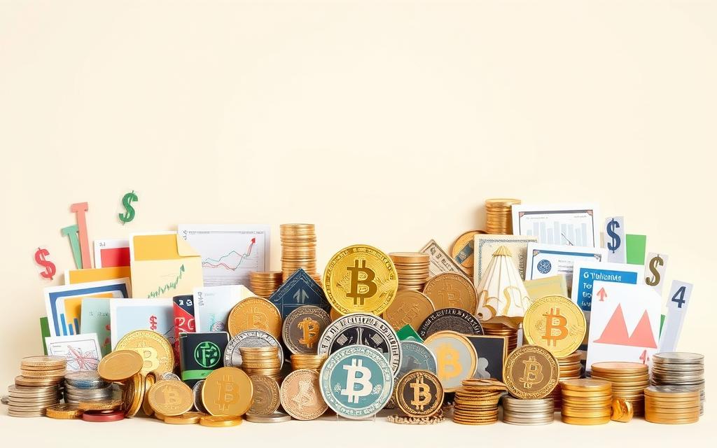 A diverse array of investment assets against a clean, minimalist background. In the foreground, various financial instruments such as stocks, bonds, cryptocurrencies, and precious metals are arranged in an organized, symmetrical pattern, each represented by its iconic symbol or visual metaphor. The middle ground features a clean, neutral-toned backdrop, allowing the assets to take center stage. Soft, diffused lighting gently illuminates the scene, creating a sense of balance and professionalism. The overall composition conveys a comprehensive, well-rounded investment portfolio, suitable for an article on where to invest $1,000 right now.