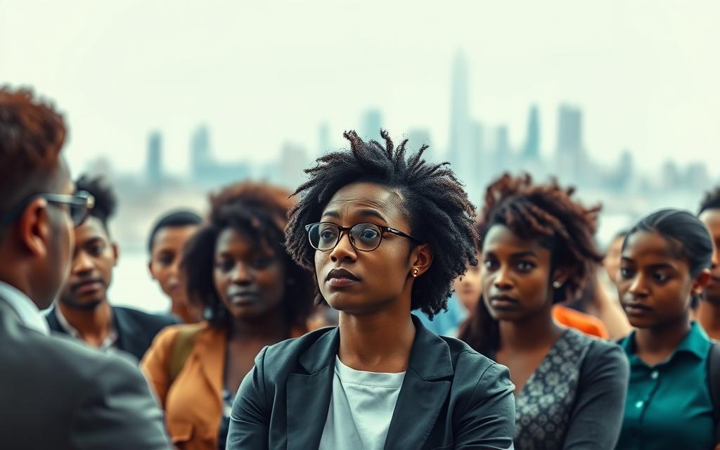 A diverse group of minority entrepreneurs facing various challenges, such as limited access to funding, lack of mentorship, and systemic barriers. In the foreground, a determined entrepreneur pitches their business idea to a panel of investors, their face conveying a mixture of determination and uncertainty. In the middle ground, a mentorship session takes place, with a seasoned entrepreneur guiding a young startup founder. In the background, a city skyline represents the broader economic landscape, hinting at the uneven playing field minority entrepreneurs often navigate. The lighting is soft and muted, creating a pensive, contemplative mood, reflecting the complexities of the issues at hand.