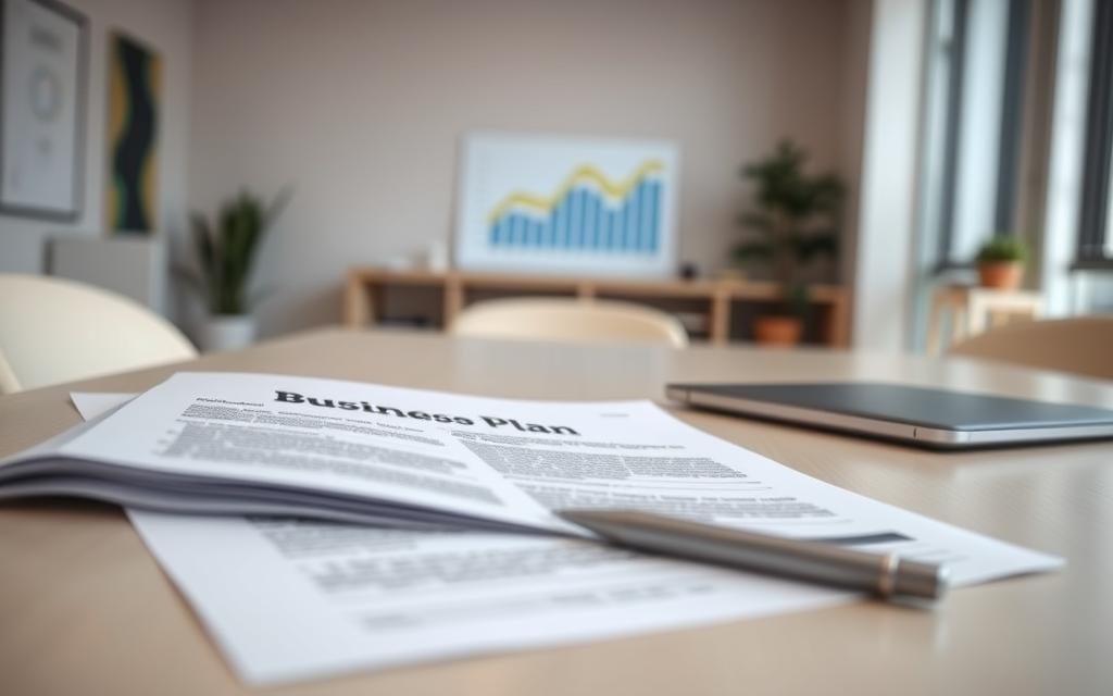 A modern office interior with a well-lit desk showcasing an open business plan document, a laptop, and a pen. The foreground features crisp, clean lines and a minimalist aesthetic, creating a focused and professional atmosphere. In the middle ground, a financial graph or chart on the laptop screen conveys the importance of solid financial planning. The background blurs gently, drawing the viewer's attention to the central elements. The lighting is soft and natural, casting a warm, productive glow over the scene. The overall mood is one of confidence, organization, and the crucial role a comprehensive business plan plays in securing funding for a new venture.