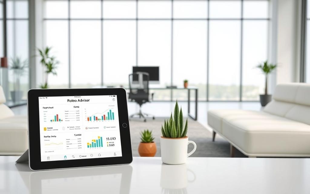 A serene, minimalist office setting with sleek, modern furniture and clean lines. In the foreground, a digital tablet displays a robo-advisor's portfolio creation interface, with intuitive graphs, charts, and sliders. The middle ground features a stylish desk with a desktop computer, a cup of coffee, and a few succulents, creating a balance of technology and nature. The background showcases floor-to-ceiling windows, allowing natural light to pour in and create a calming, airy atmosphere. The lighting is soft and diffused, enhancing the sense of professionalism and approachability. The overall scene conveys a sense of confidence, efficiency, and user-friendliness, reflecting the "beginner-friendly" nature of robo-advisors.