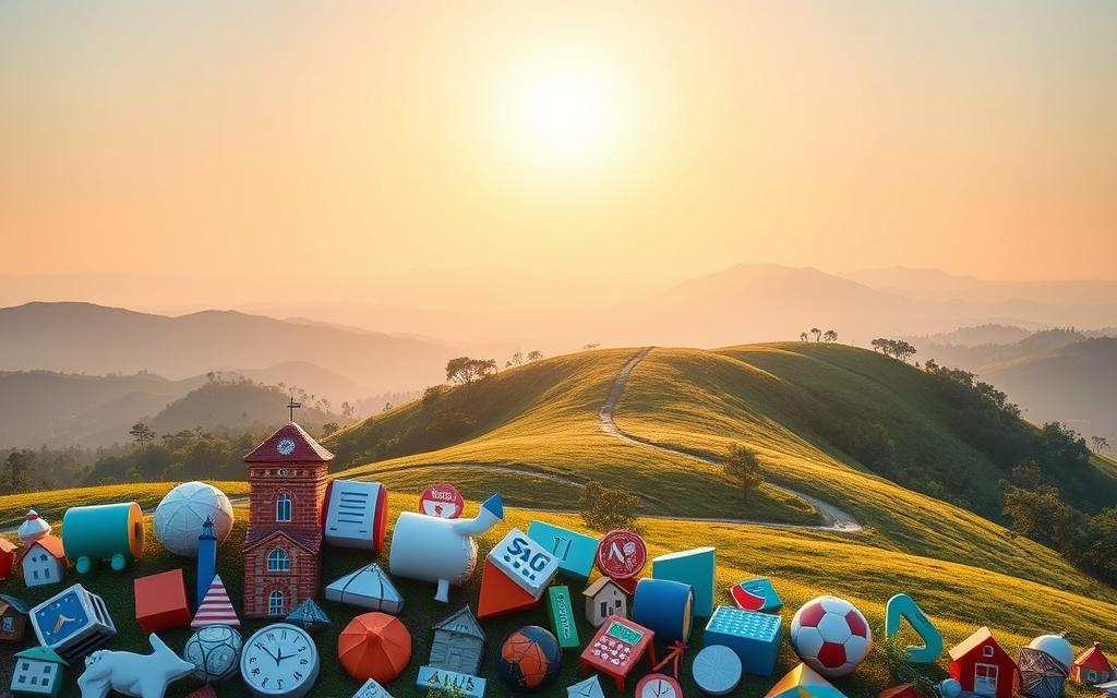 A serene, well-balanced investment landscape. In the foreground, a diverse array of index fund icons representing different asset classes - stocks, bonds, real estate, and commodities - arranged harmoniously. The middle ground features a peaceful, rolling hill with a winding path, symbolizing the smooth, long-term growth of a diversified portfolio. The background showcases a majestic, sunlit skyline, capturing the sense of financial security and stability. The lighting is soft and warm, creating a calming, reassuring atmosphere. The composition is carefully balanced, with a strong sense of depth and perspective, guiding the viewer's eye through the layers of diversification benefits.