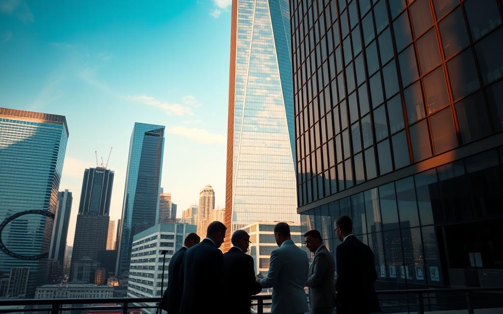 A towering skyscraper stands in the center, its sleek glass facade gleaming under the warm afternoon sun. In the foreground, a group of well-dressed business executives huddle around a table, deep in discussion. Shadows cast by the building's sharp angles create a sense of urgency and intensity. In the background, the bustling cityscape recedes, hinting at the limitless opportunities and high-stakes nature of venture capital investments. The scene is captured through a cinematic wide-angle lens, emphasizing the grand scale and high-pressure environment of the venture capital industry.