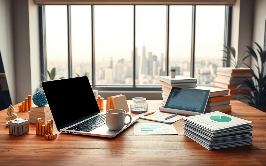 A well-lit studio scene showcasing a diverse array of investment options, including stocks represented by 3D models of company logos, financial charts, and a sleek tablet displaying stock performance data. The foreground features a sturdy wooden desk with a high-end laptop, a cup of coffee, and a neatly organized stack of investment research materials. The middle ground highlights a panoramic view of a modern city skyline through large windows, conveying a sense of growth and opportunity. The background is softly illuminated, creating a warm, professional atmosphere conducive to informed decision-making. The overall composition evokes a thoughtful, strategic approach to smart investment choices in the stock market.