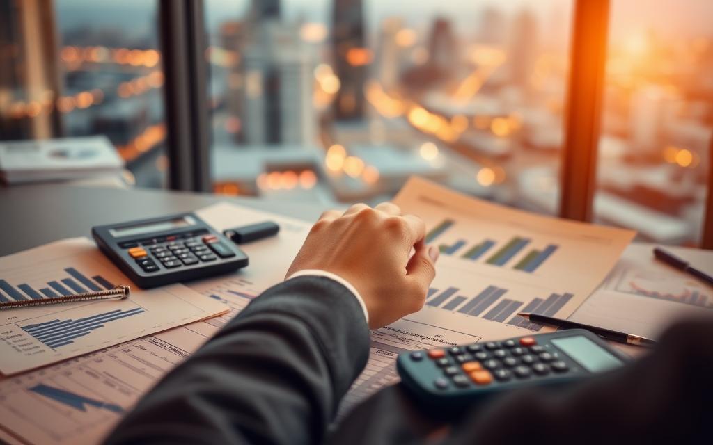 Warm, soft lighting illuminates a thoughtful, business-focused scene. In the foreground, a variety of financial documents, graphs, and calculators are neatly arranged, representing the different funding options available for a new business venture. In the middle ground, a hand is carefully reviewing these materials, weighing the pros and cons of each option. The background features a blurred cityscape, hinting at the broader economic landscape and the need to make strategic financial decisions. The overall atmosphere conveys a sense of careful consideration, planning, and the pursuit of the right funding path to support a budding enterprise.